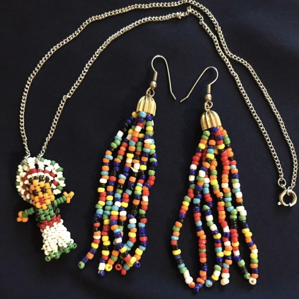 Aztec mexican beaded vintage necklace earrings
